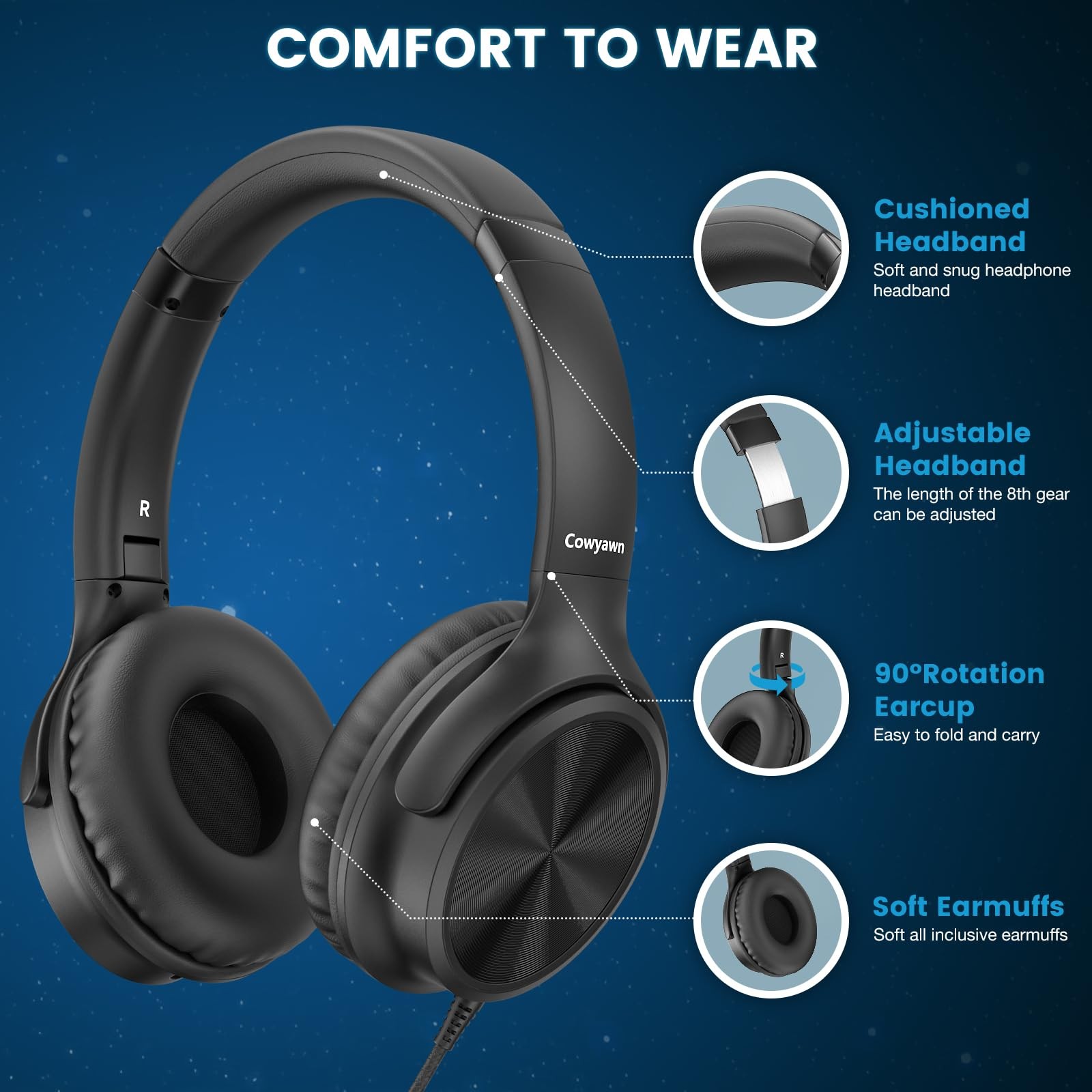 Over Ear Headphones Wired 3.5mm Foldable Microphone Volume Control Black