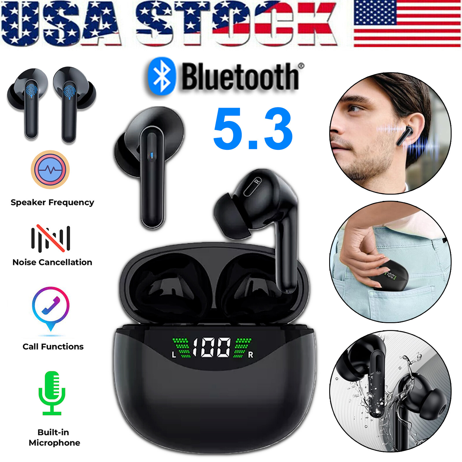 Bluetooth Earbuds Headset 5.3 Wireless Noise Cancelling TWS Trucker Waterproof