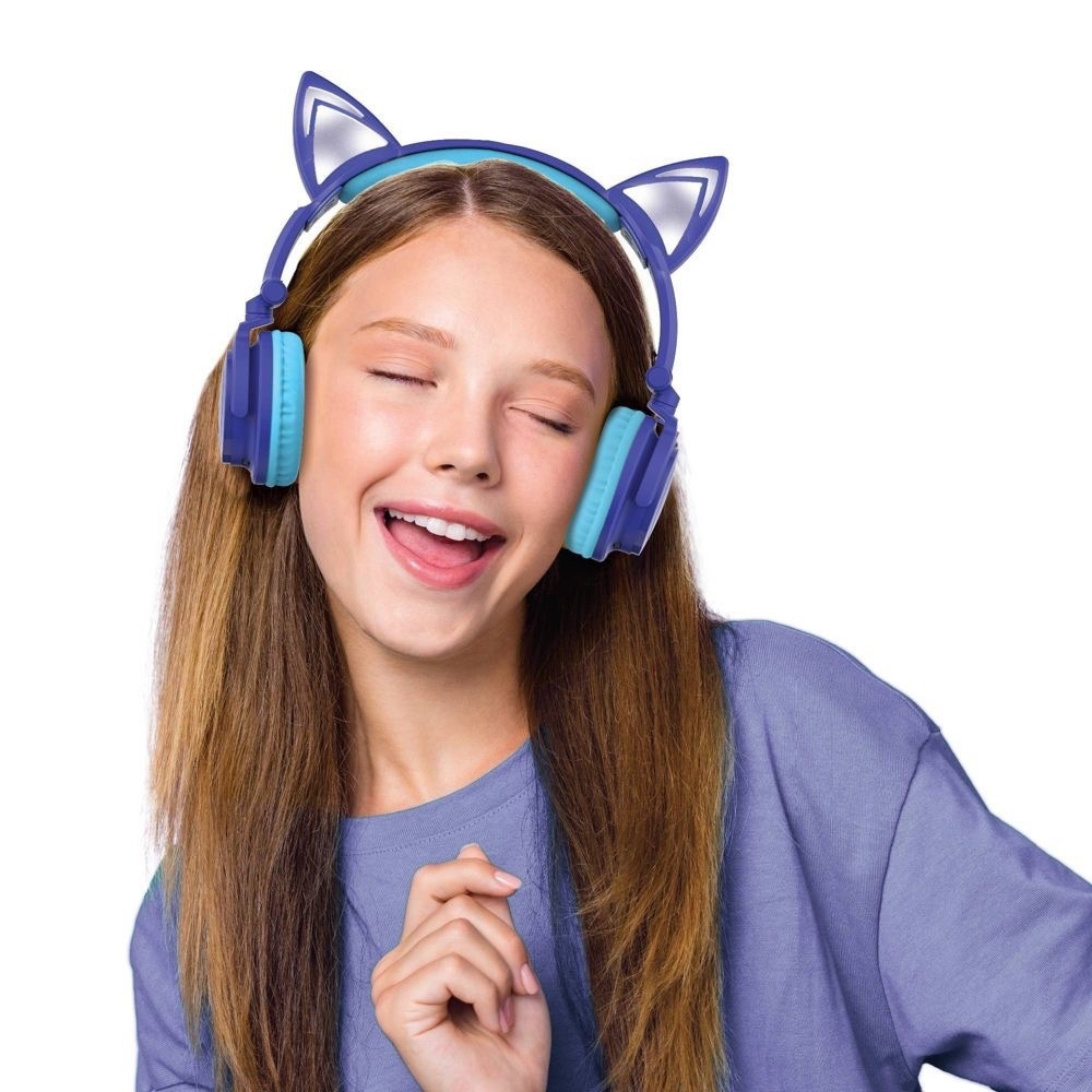 ART+SOUND Kawaii Cat LED Bluetooth Wireless Wired Kids Headphones Blue