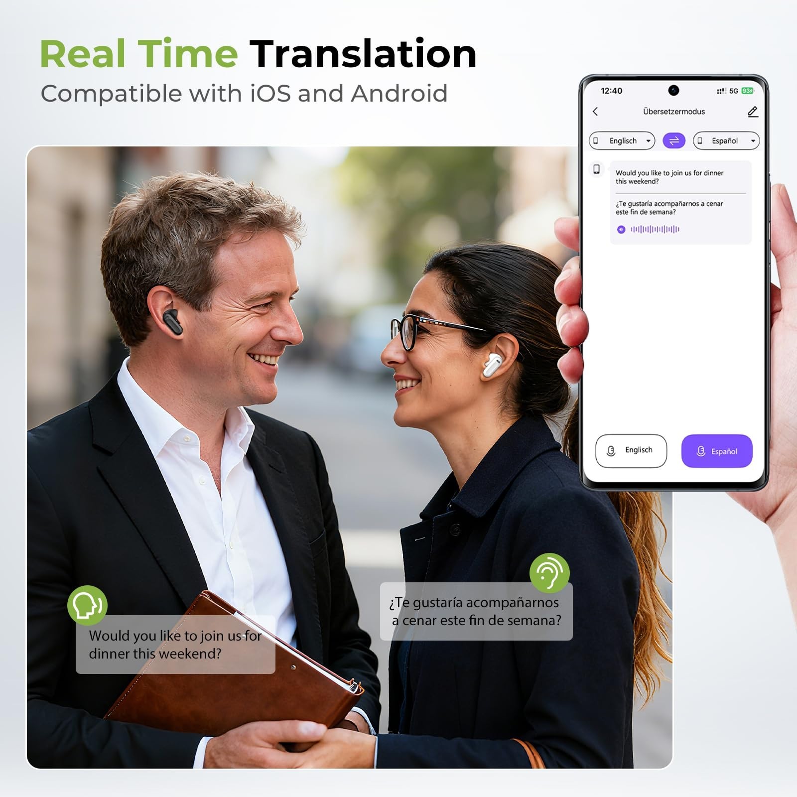AI Translation Earbuds with LCD Touch Screen, Real-Time Language Translator, 135