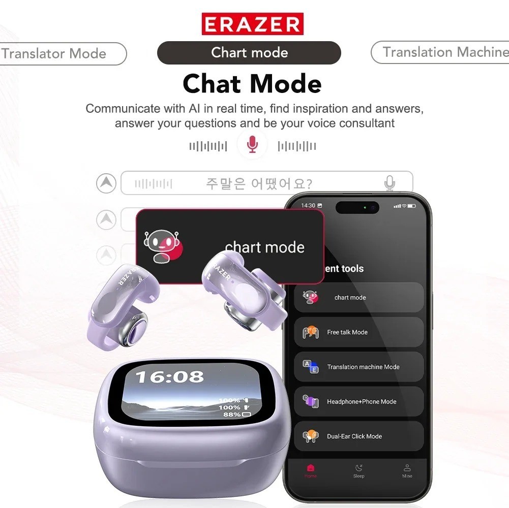 ERAZER XF28 AI Translator Ear Clip Earphones Bluetooth 6.0 Sports LCD Display