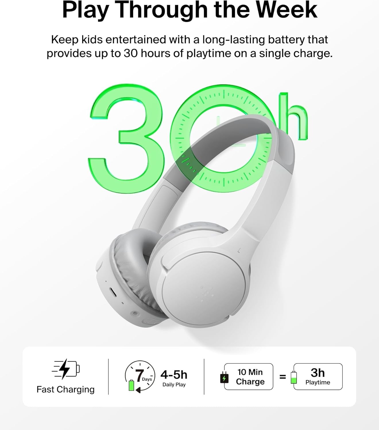 Belkin Wireless Kids Headphones, Volume Limited, 30H Fast Charge, School, White