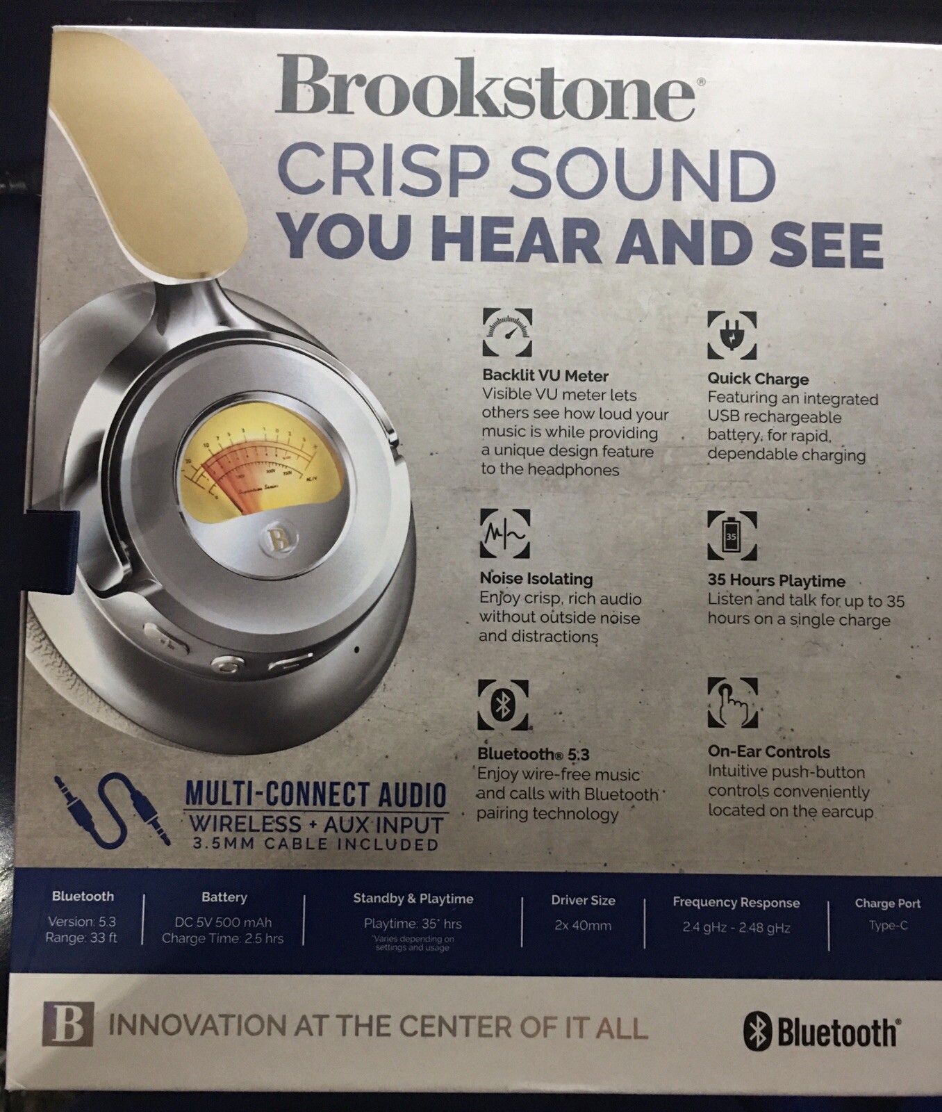 Brookstone Acoustic Pro Wireless Volt Metered Headphones 35 Hours Bluetooth