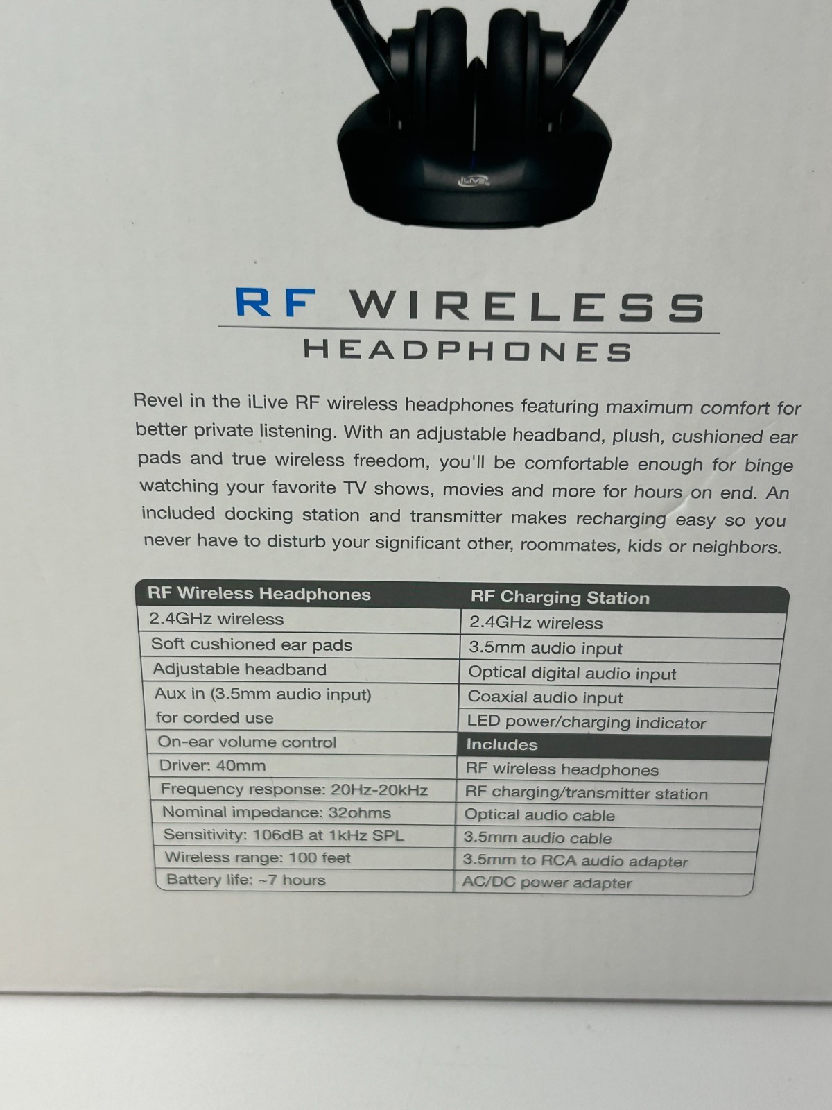 iLive RF Wireless Over Ear Headphones 2.4GHz HD Audio Charging Dock IAHRF79B