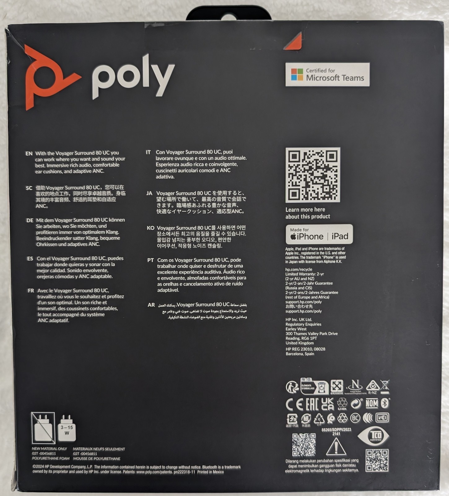Poly Voyager Surround 80 UC Microsoft Teams Certified USB-C Headset (8H2G3AA)
