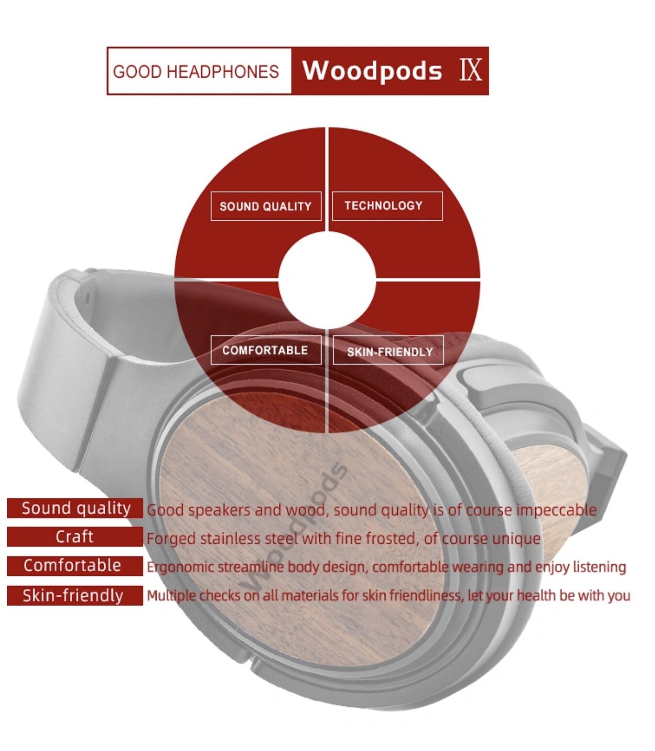 Headphones Over-Ear Wood Walnut Wireless Bluetooth, Woodpods, V5.0 Great Sound!