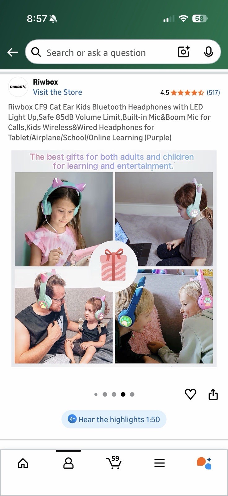 Riwbox CF9 Cat Ear Kids Wireless&Wired Headphones for Tablet/Airplane/school
