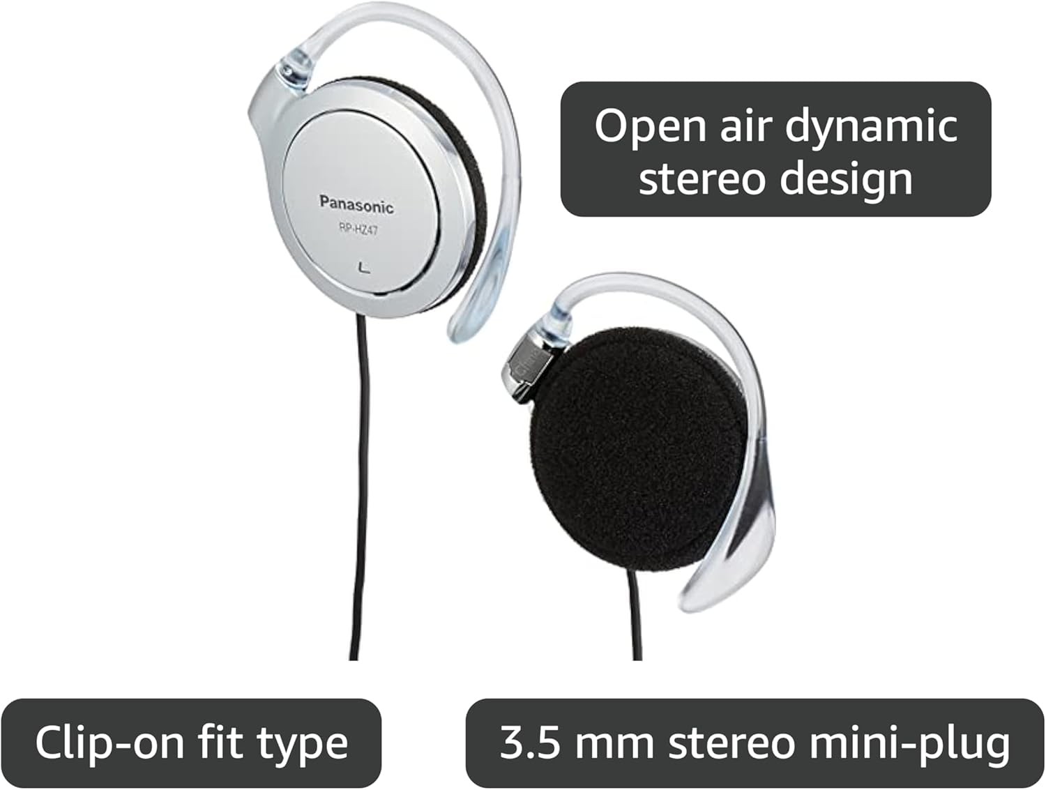 Panasonic RP-HZ47-S Clip On Headphones Silver Slim Earhook Open Air Wired 3.5mm