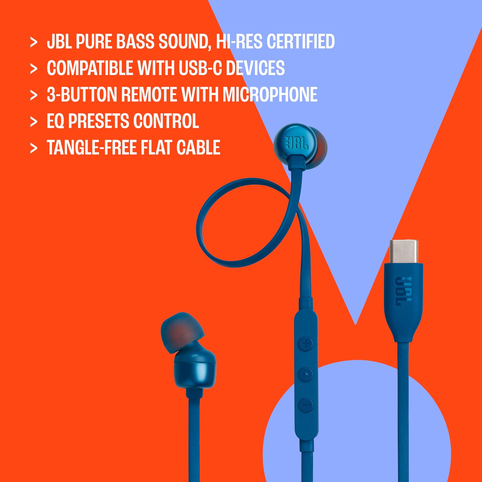JBL Tune 310C – Wired Hi-Res in-Ear Headphones, Tangle-Free Flat Cable, 3-But…
