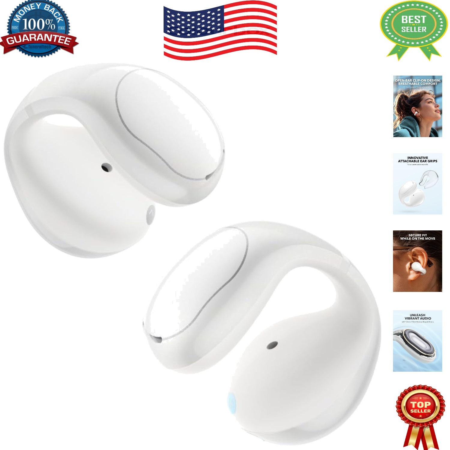 C30i Open-Ear Earbuds: Lightweight, Water-Resistant Clip-On Headphones, 30H Play