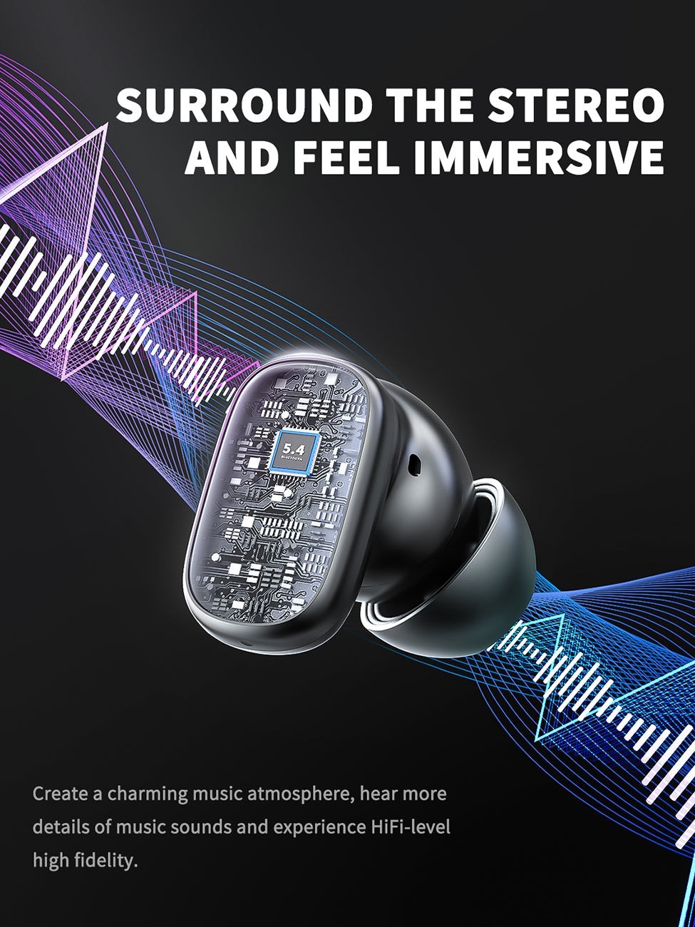 400mAh BT 5.4 Type-C black Clear sound black long battery life wireless earbuds