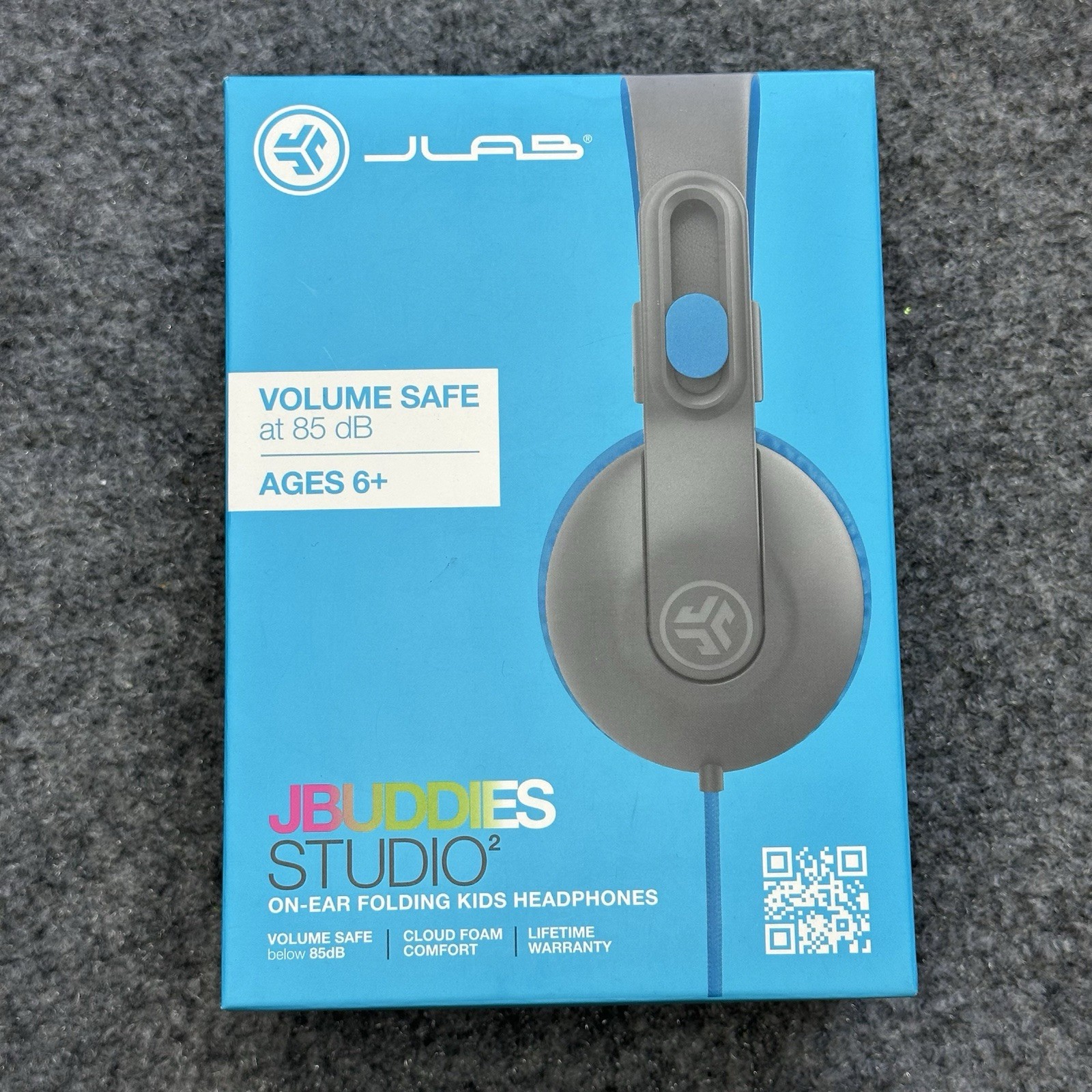 JBuddies Studio 2 Wired Kids Headphones – Gray/Blue – New! W/ Microphone 85dB 6+