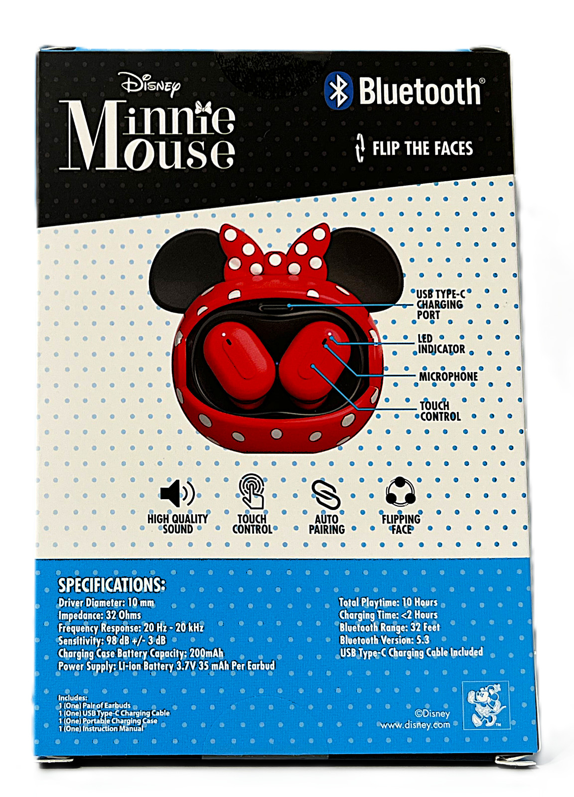 Disney Minnie Mouse Bluetooth True Wireless Earbuds Flip The Faces Touch Control
