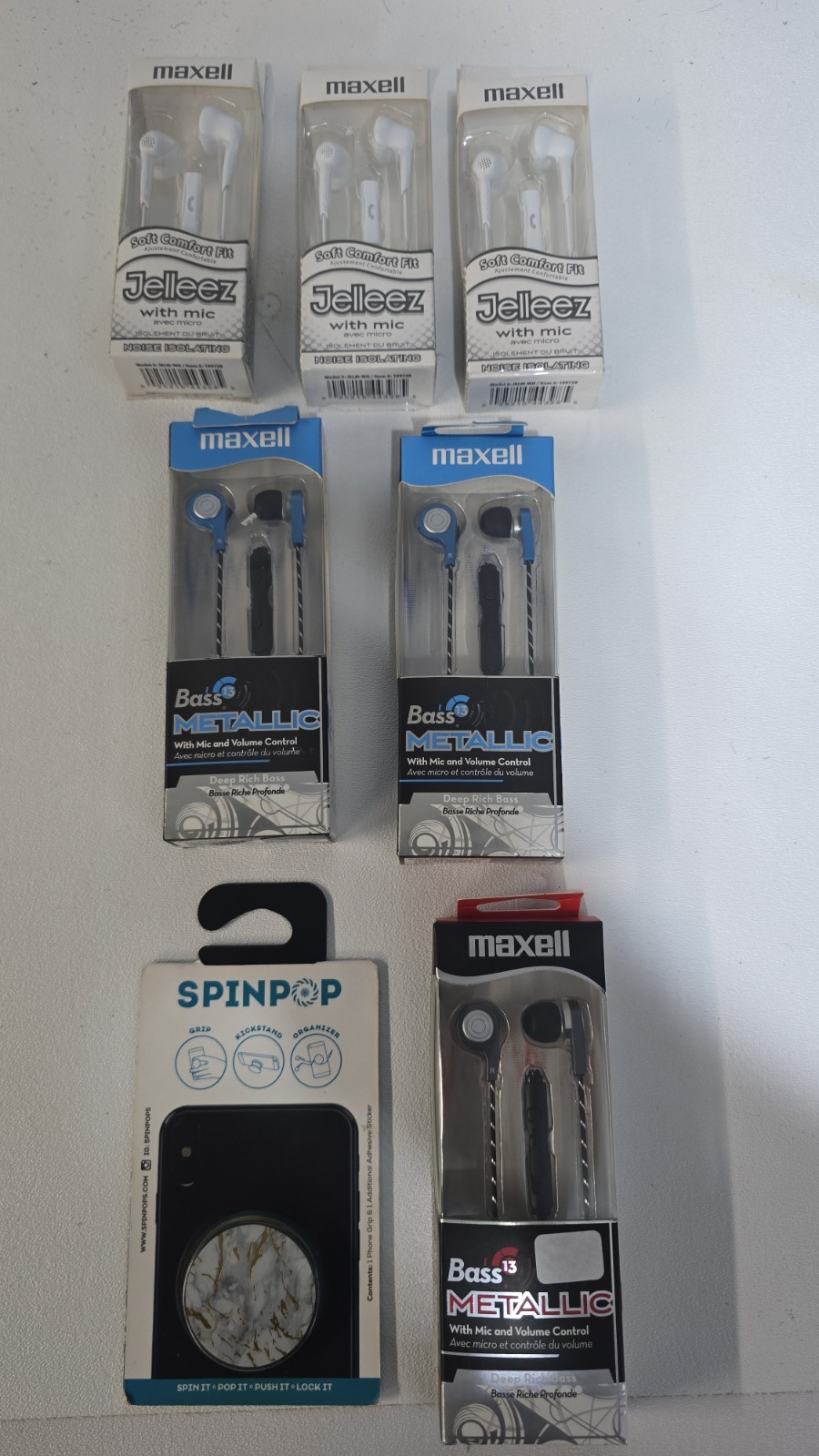 Maxell Jelleez Earset, Maxell Ear Phones Blue And Red & Spinpop. Lot Of 7.