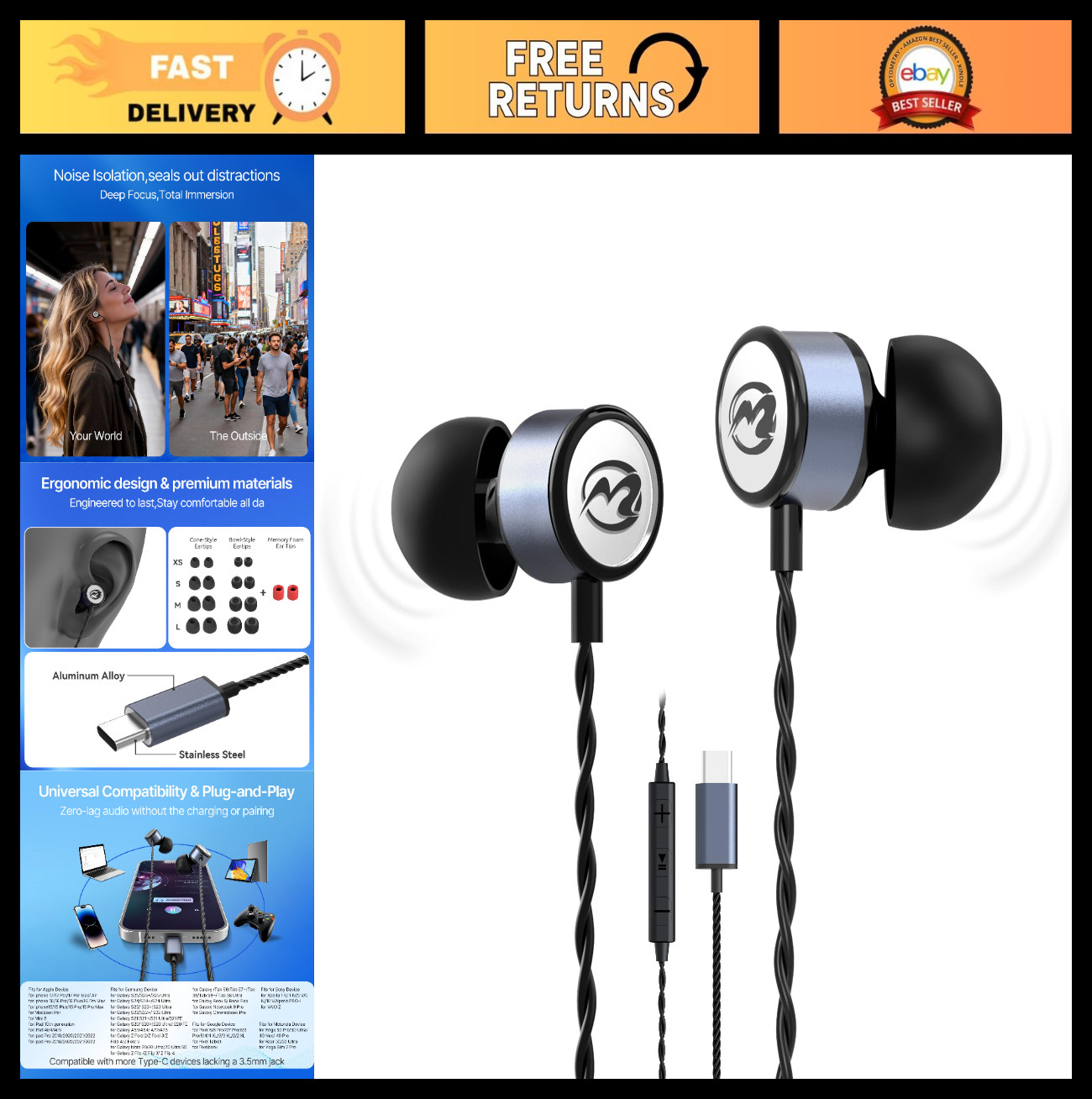 Hi-Fi Stereo USB C Headphones, Type C In-Ear Wired Earbuds, Deep Bass, Built-in