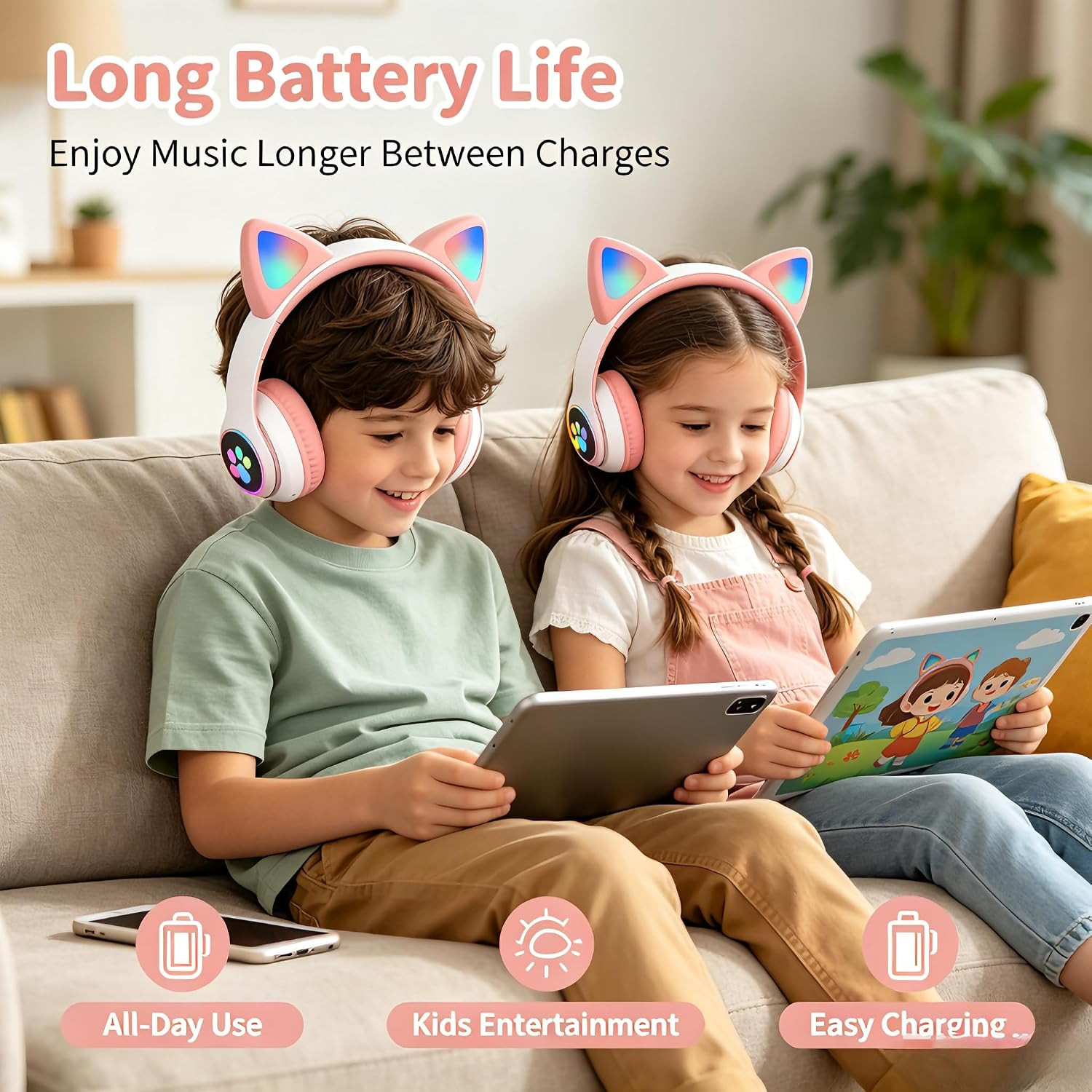 Cat Ear Bluetooth Headphones LED Wireless Foldable Over Ear Kids Adults White