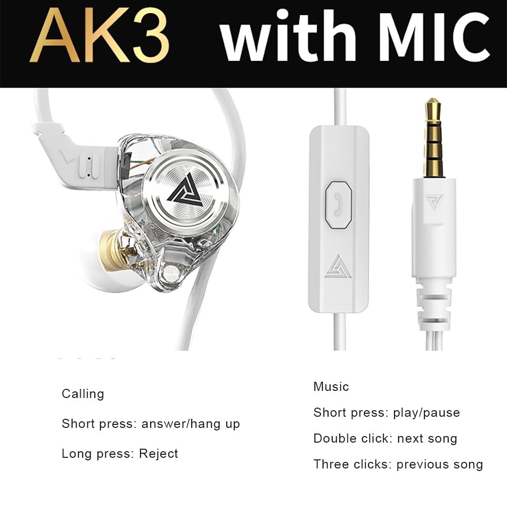 Yeabomy Wired Gaming Earbuds, Ak3file in Ear Monitors, Deep Bass Sound White