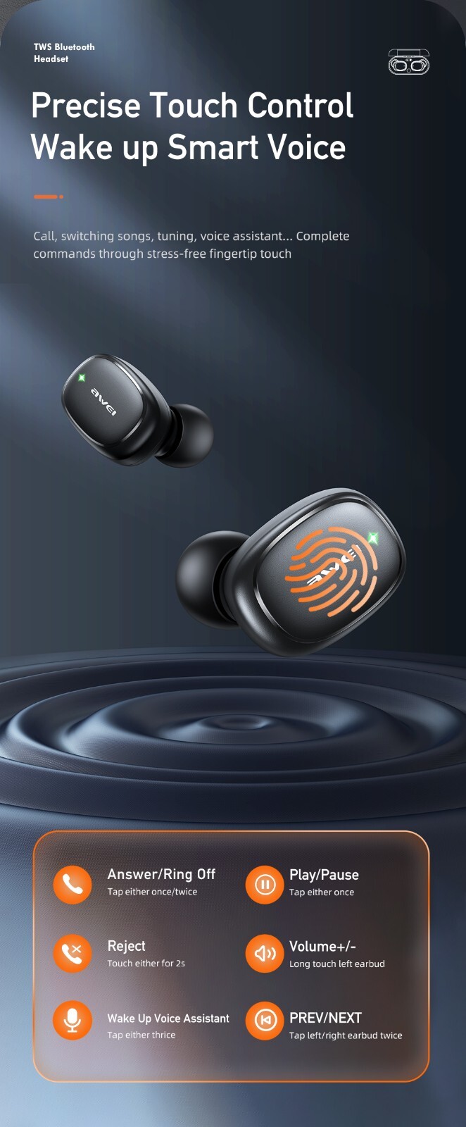 AWEI T13 PRO True Wireless Bluetooth Headphones, 8mm Driver and IPX6 Waterproof
