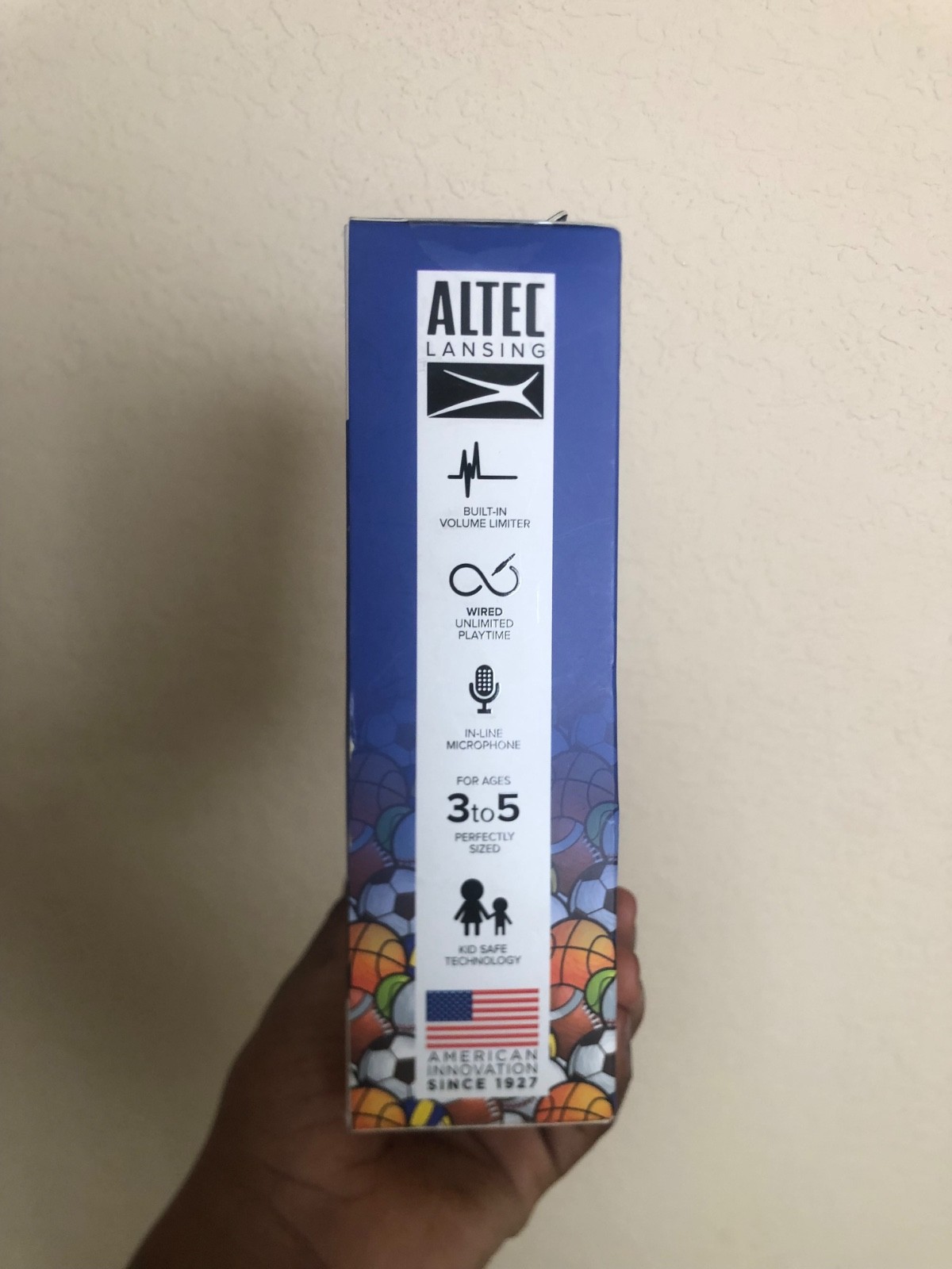 Brand New in Box Altec Lansing Kid Safe Wired Headphones Blue with Ball Pattern