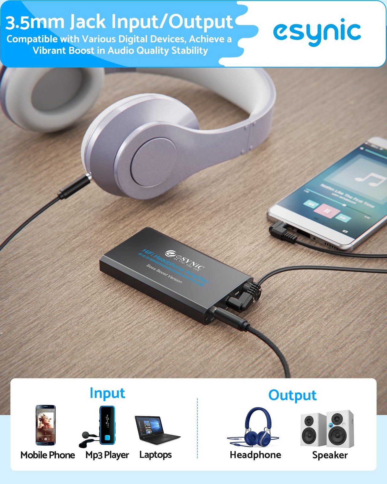 eSynic Pro Bass Boost Headphone Amplifier Rechargeable 16-300Ω Portable Hi-Fi Au