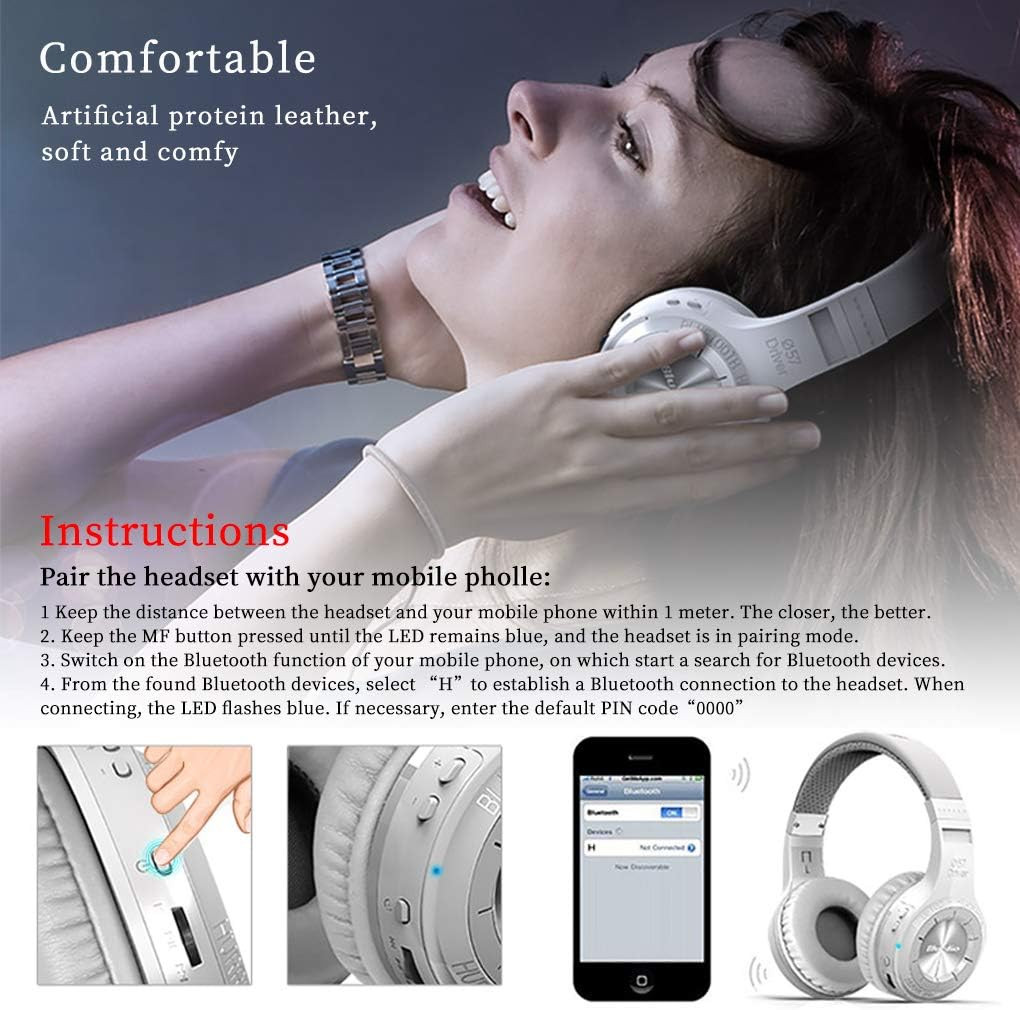 HT Turbine Wireless Bluetooth 5.0 Stereo Headphones with Mic (White)
