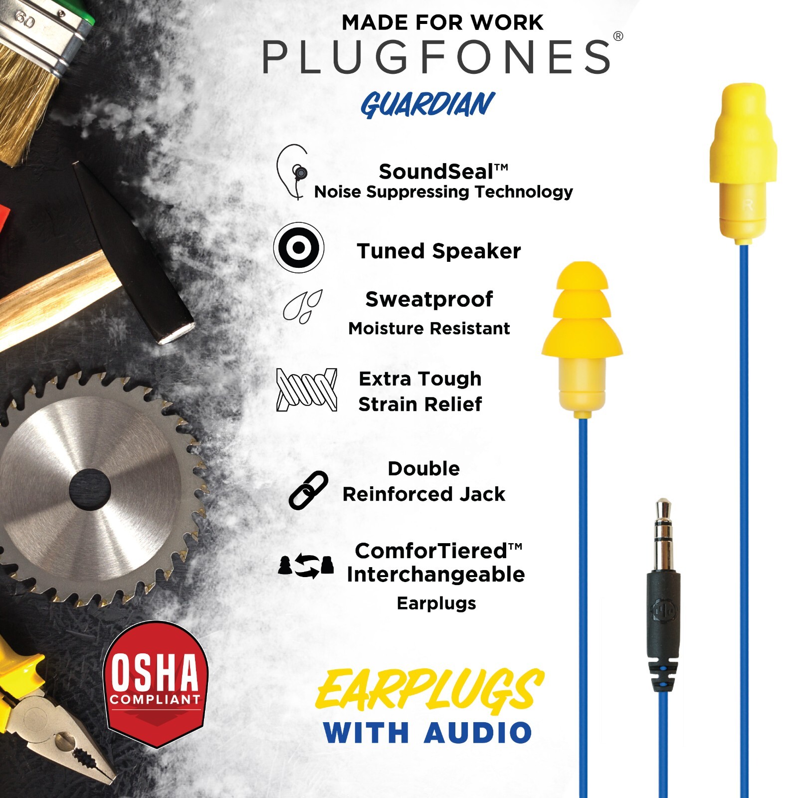 Plugfones Guardian OSHA Certified earplug with audio Work Headphones earbuds