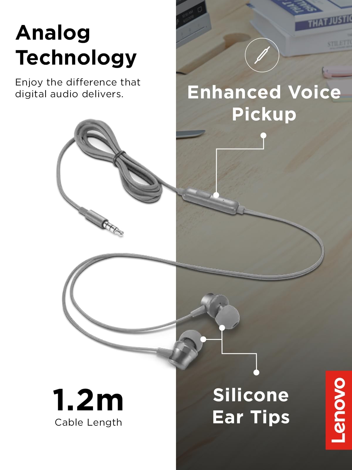 Lenovo 110 Analog In Ear Headphones Wired with Microphone and Multiple Ear Tips