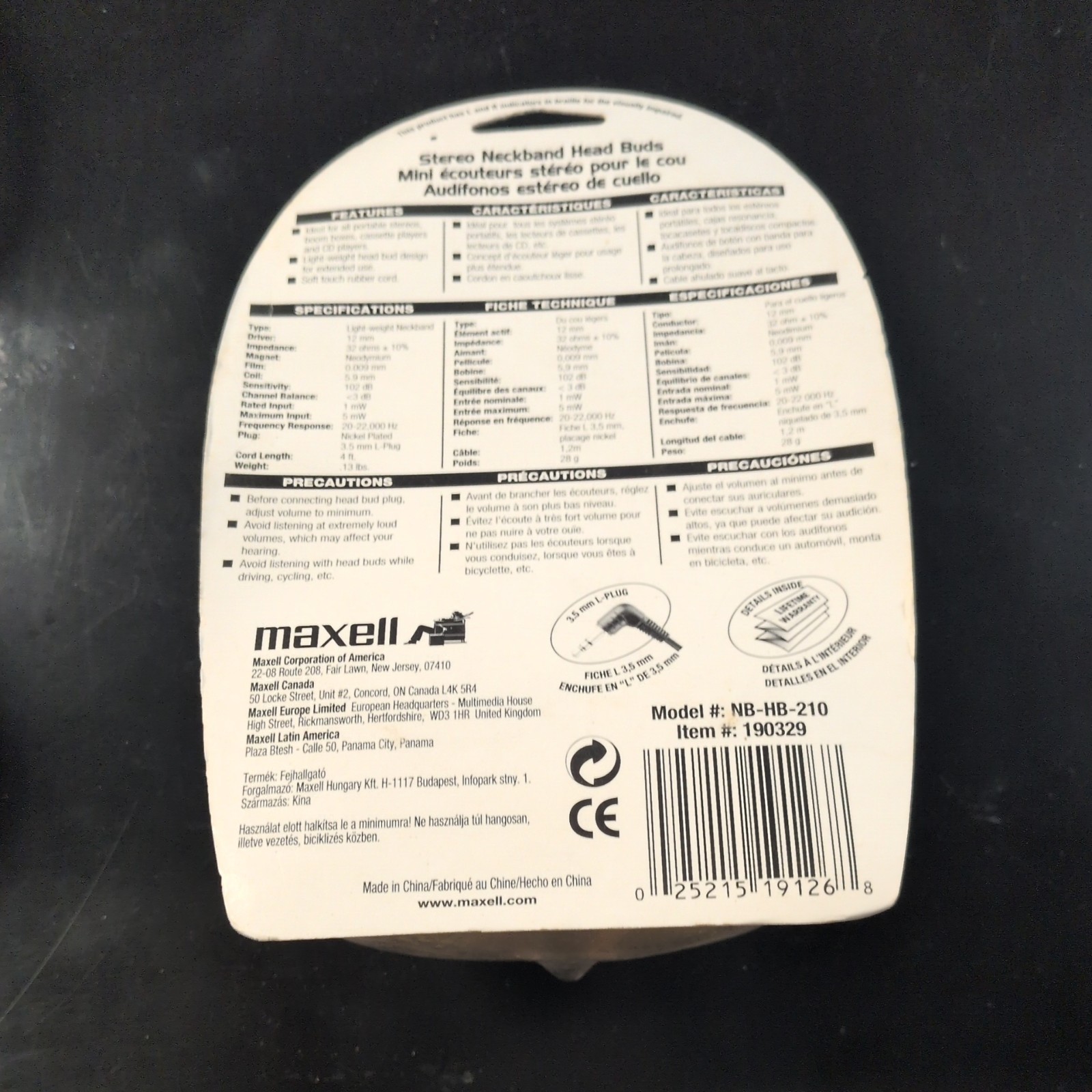 Maxell NB/HB-210 Stereo Neckband Head Buds White New In Package