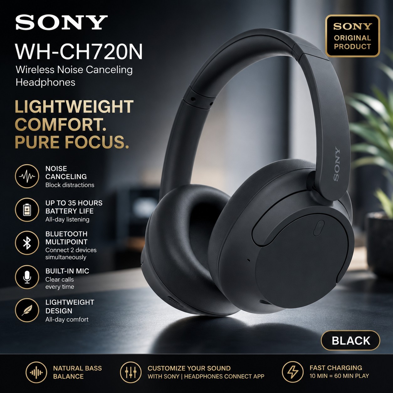 Sony WH-CH720N Wireless Noise Canceling Bluetooth Headphones Black Tested