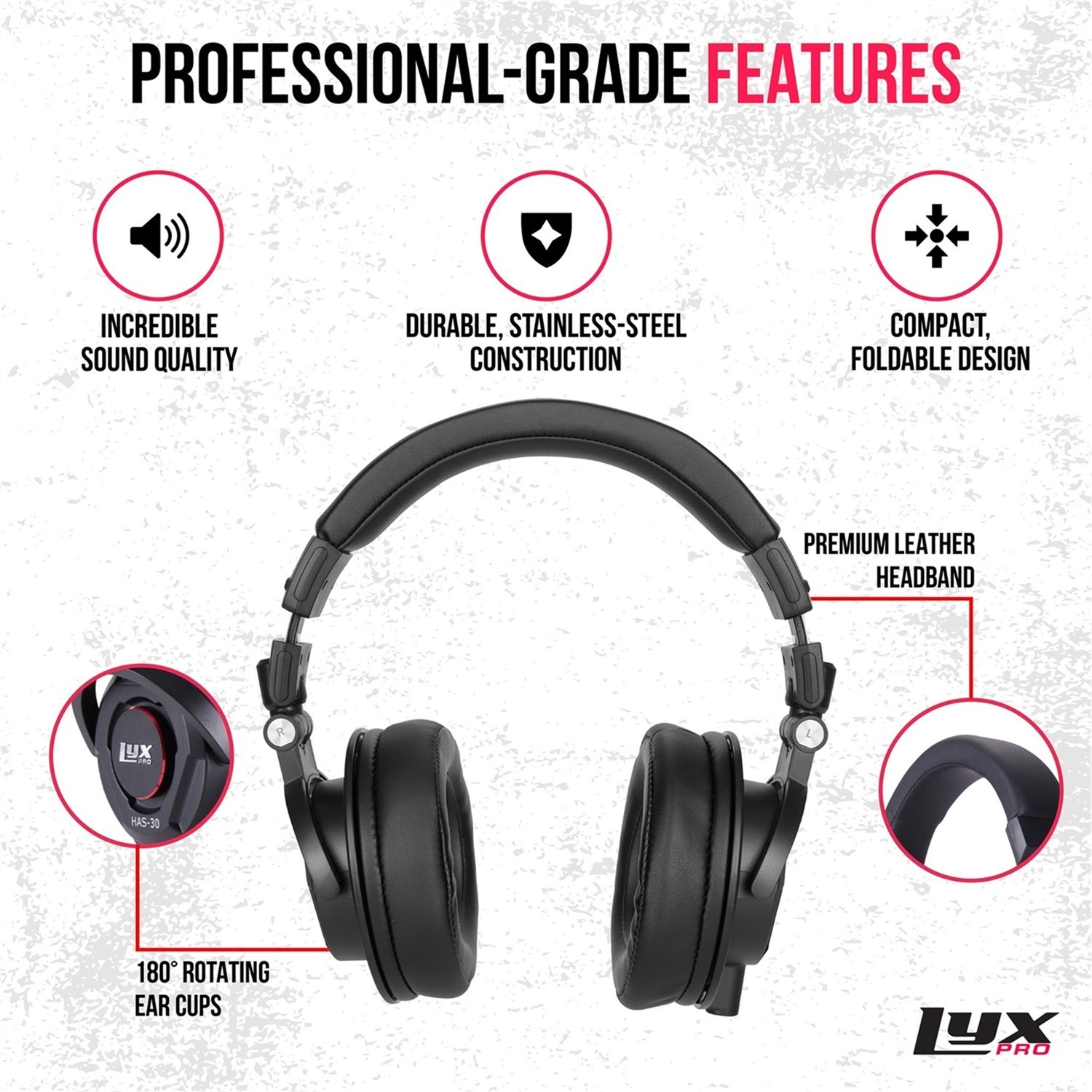 LyxPro HAS-30 Noise-Canceling DJ Headphones, Over-Ear Studio Headphones, Black