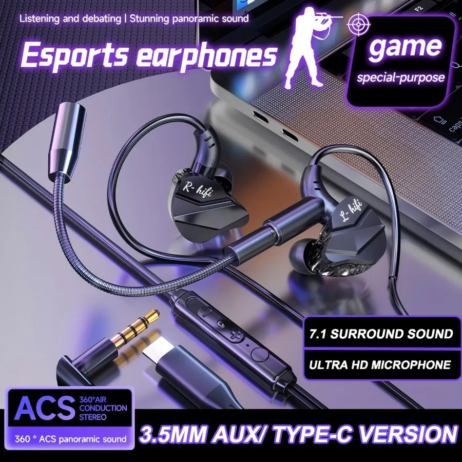 3.5mm/Type-C Dual Microphone Gaming Earphone 7.1 Surround Sound Hifi Stereo