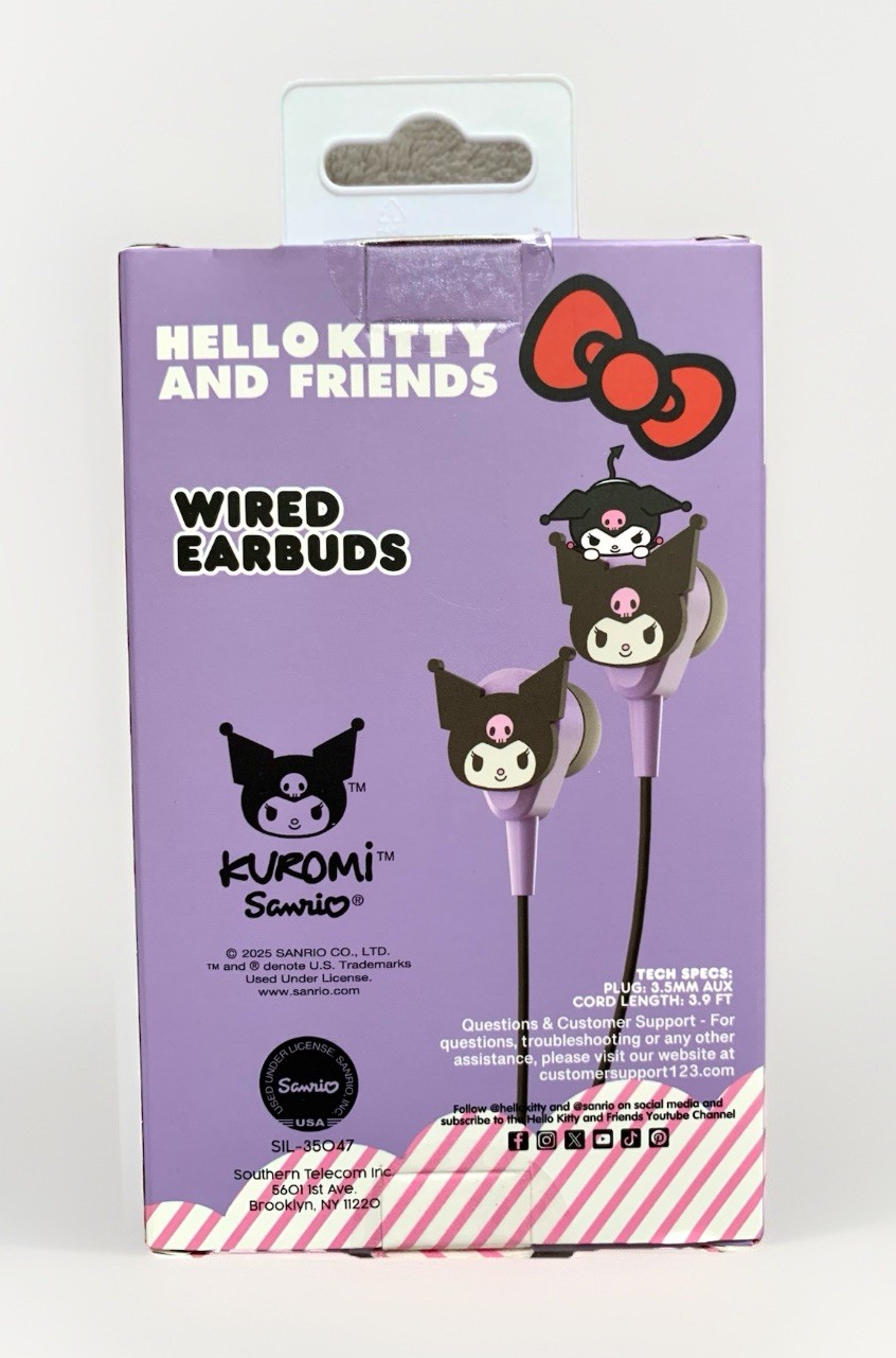 NEW Hello Kitty KUROMI Black Wired Earbuds w/Built-In Microphone/3.5mm Input