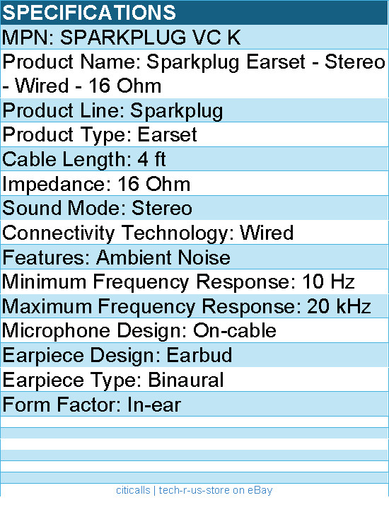 Koss SPARKPLUG VC K Sparkplug Earset – Stereo – Wired – 16 Ohm