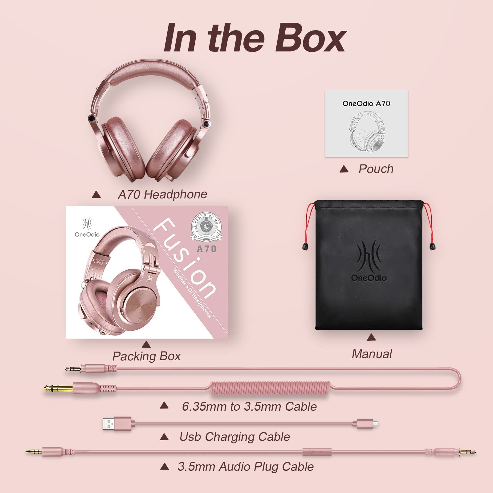 OneOdio A70 Bluetooth Over Ear Headphones for Women and Girls, Pink DJ Headphone