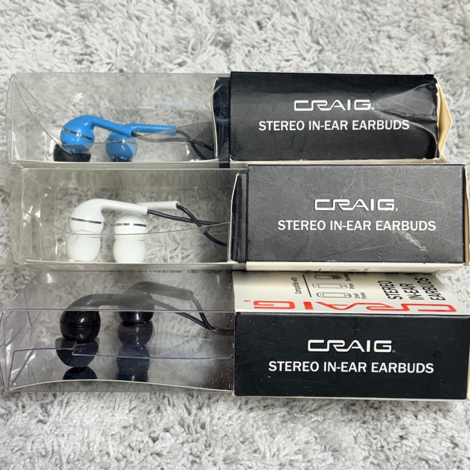 Craig Stereo In-Ear Earbuds 3 Pack Wired 3.5mm Jack Black Blue White CHP4807 NEW