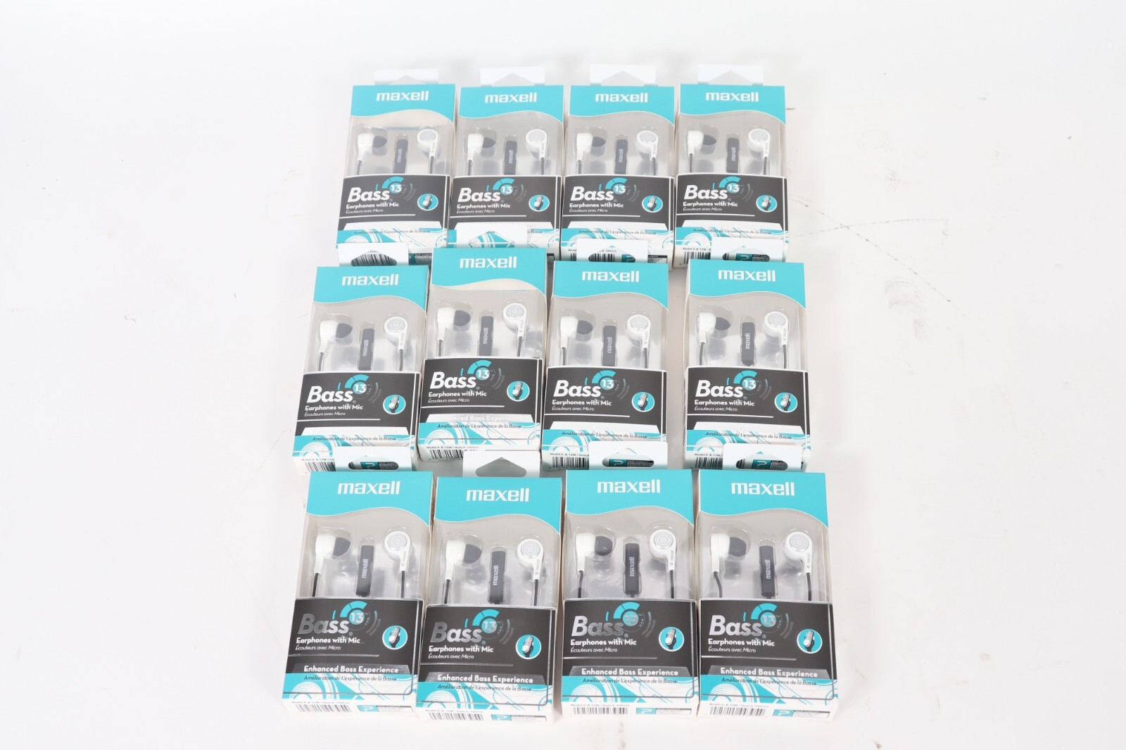 Lot of 12 Maxell Base-13 In-Ear Earphones with Mic Heavy Bass White