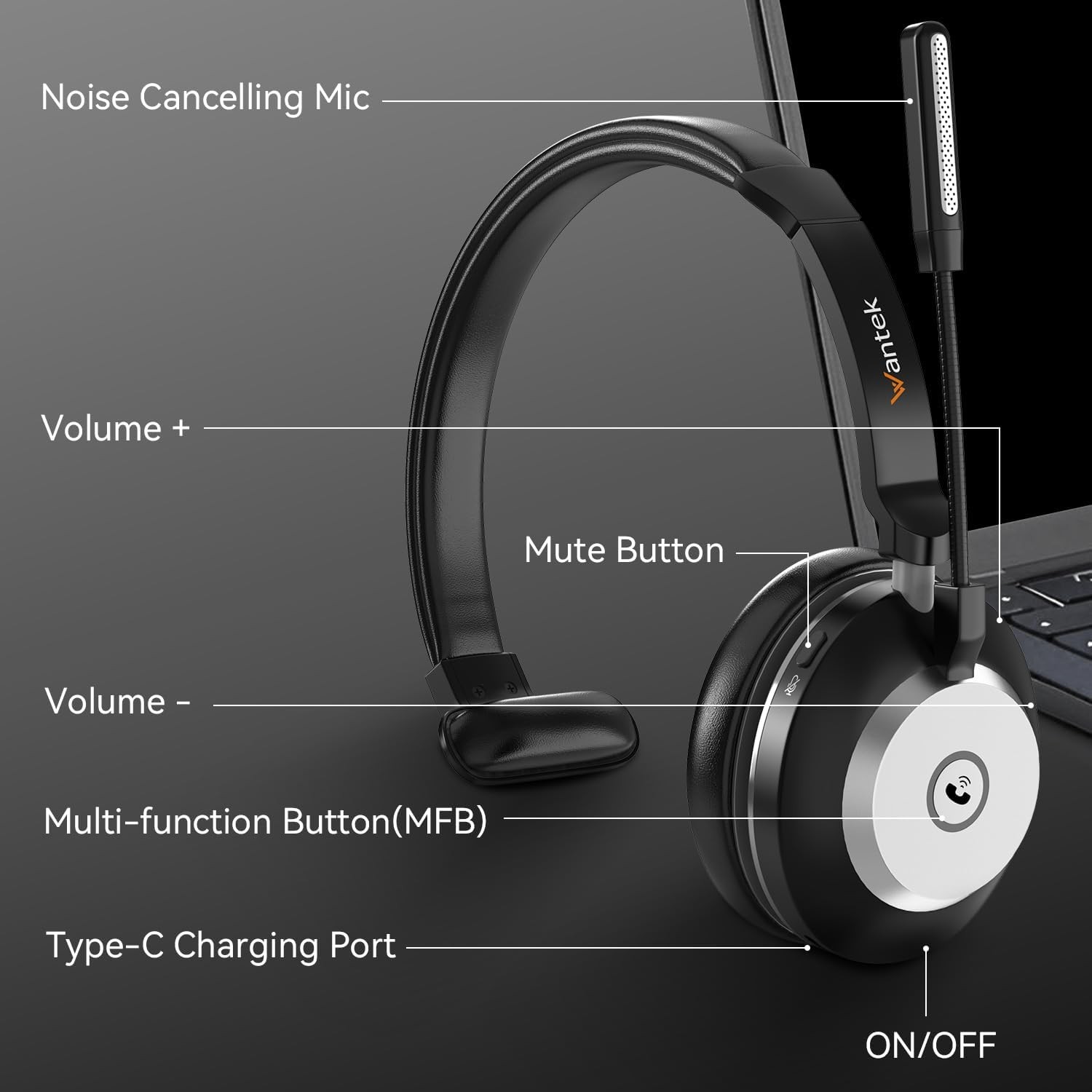 Wantek Wireless Headphone with Microphone USB Dongle Stereo Bluetooth Headset