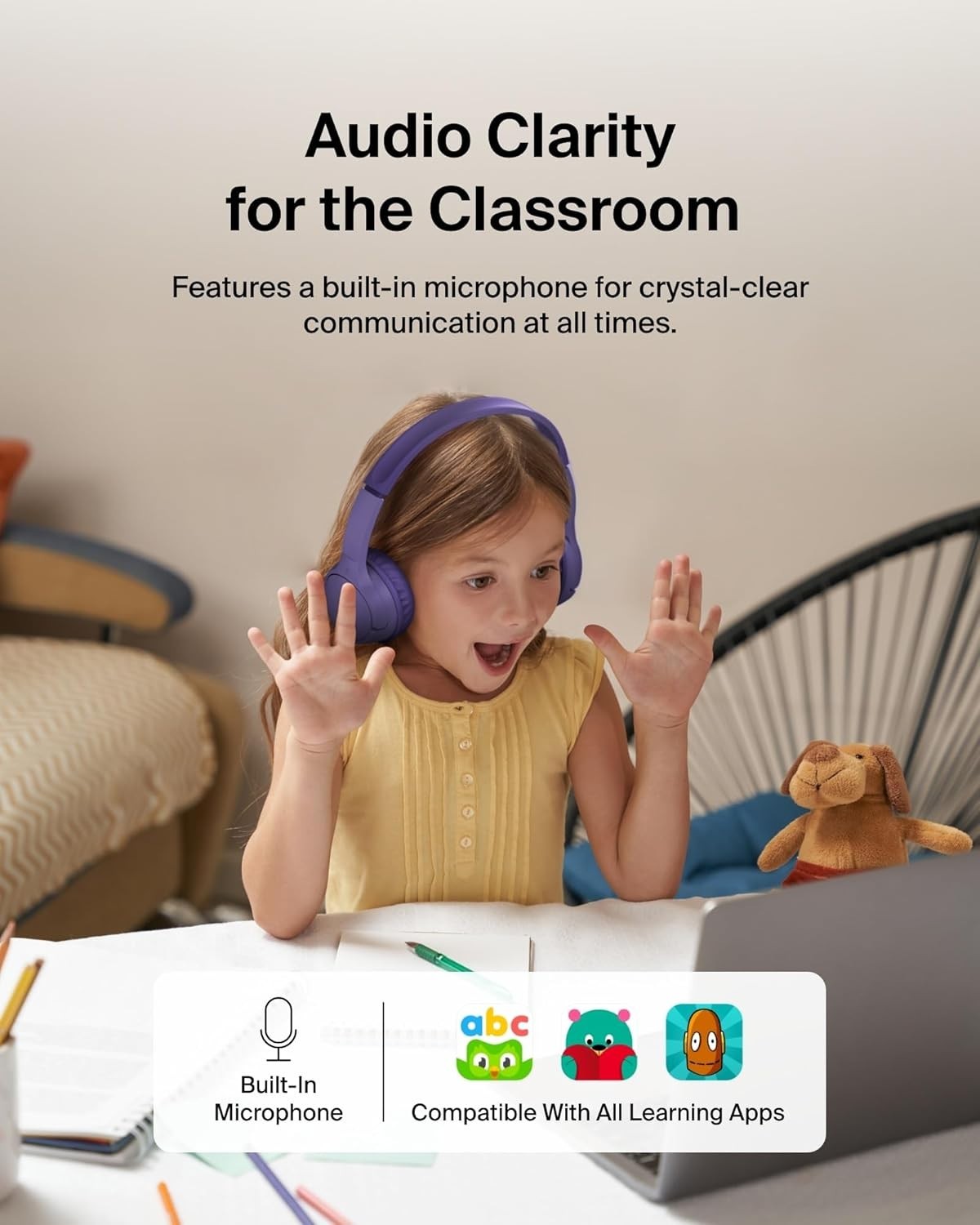 Belkin SoundForm Mini Kids On-Ear Wireless Headphones Purple Built-in Microphone