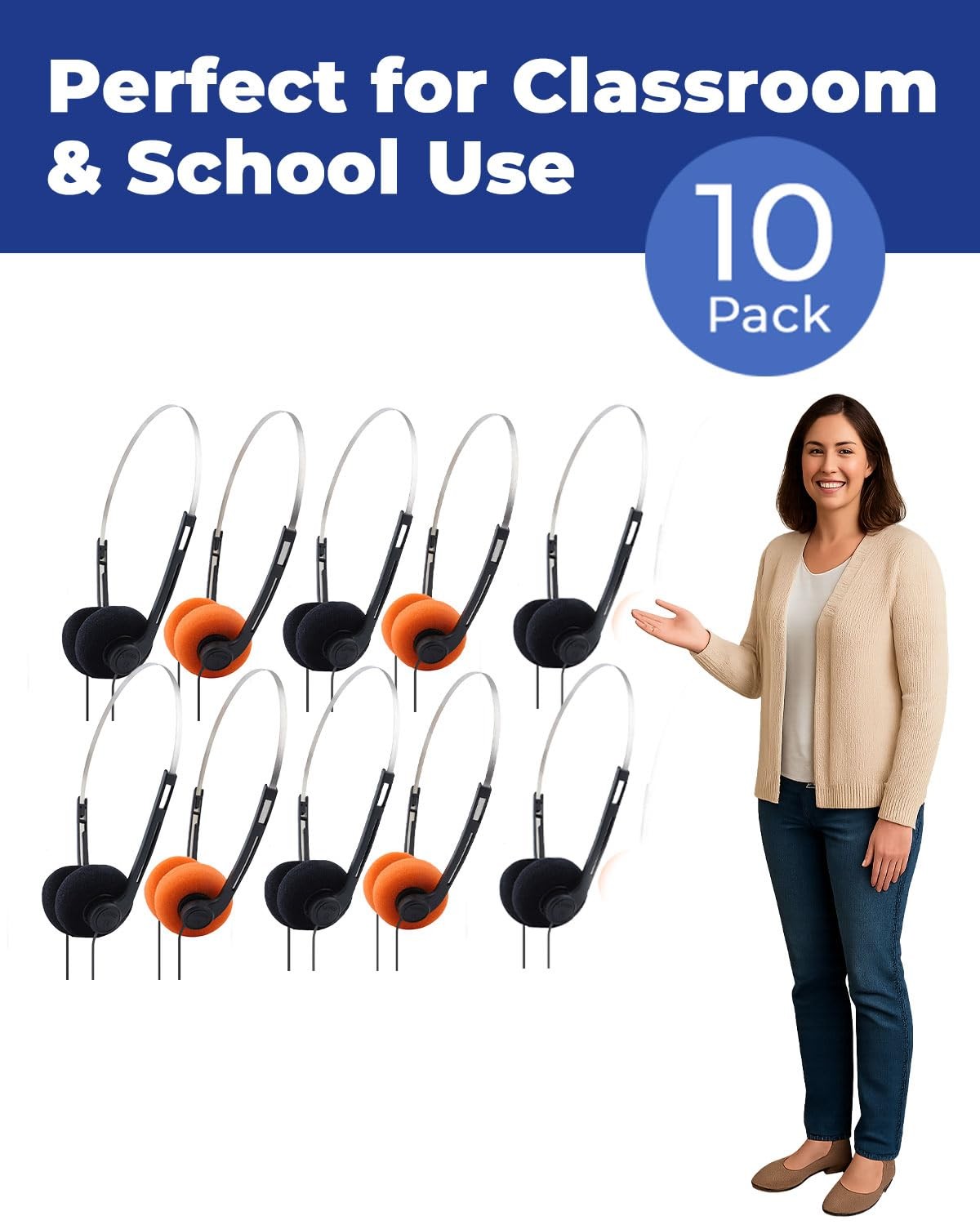 Classroom Headphones For School Students 3.5mm Jack 4 Ft Cord 10 PCS
