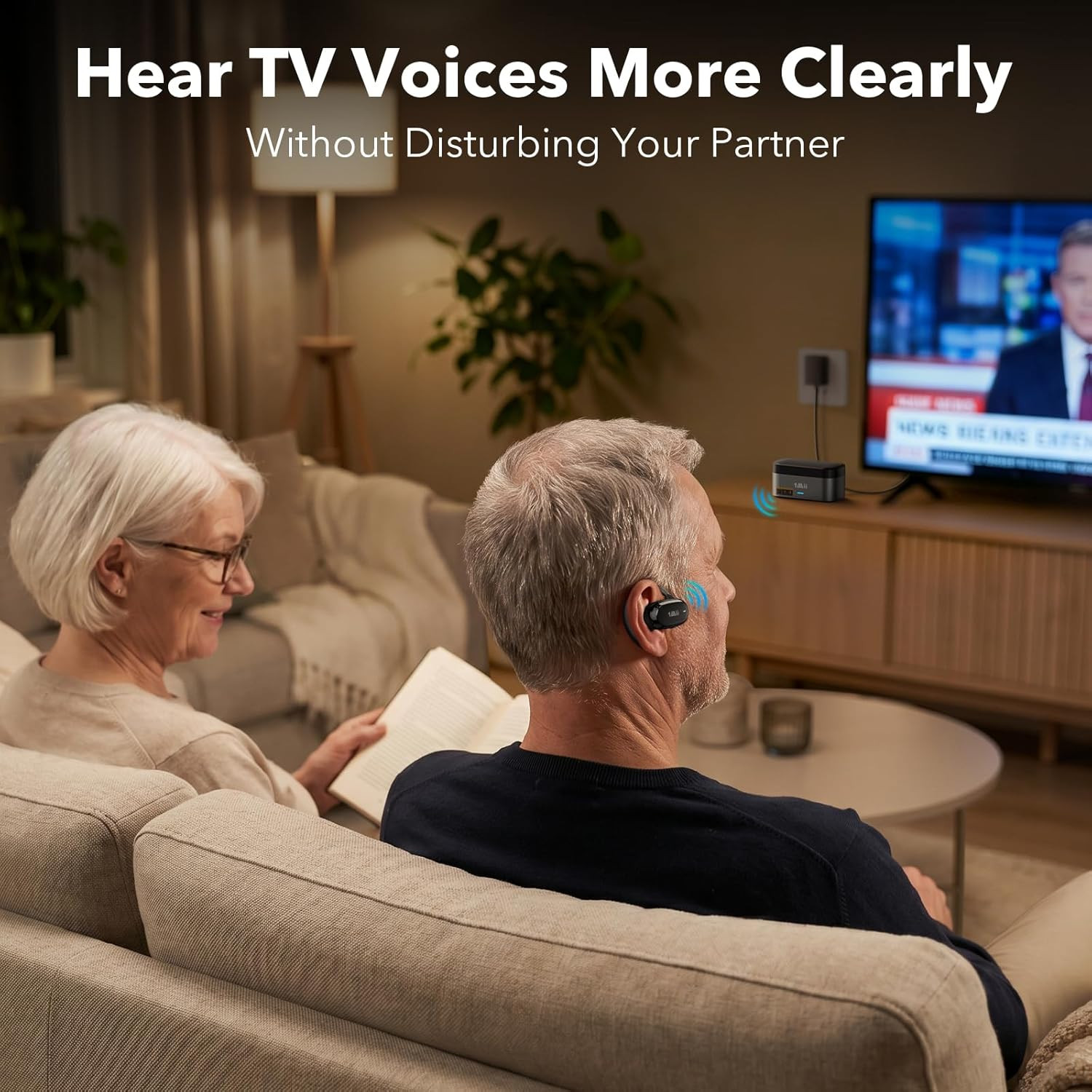 1Mii ClearLinkTV E5 Wireless TV Earbuds for Seniors, Plug & Play Open-Ear Headph