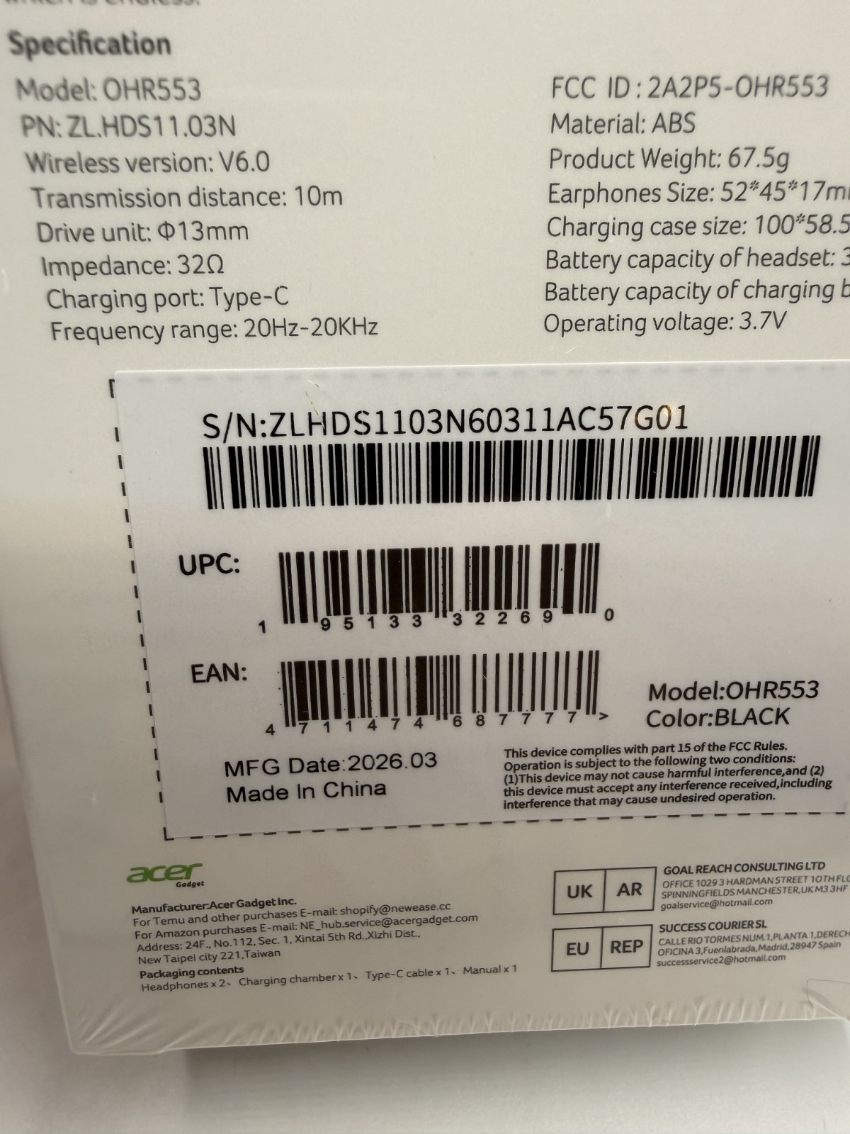 Acer OHR553 TWS Wireless Earbuds Extended Battery Life suitable Sports Brand New