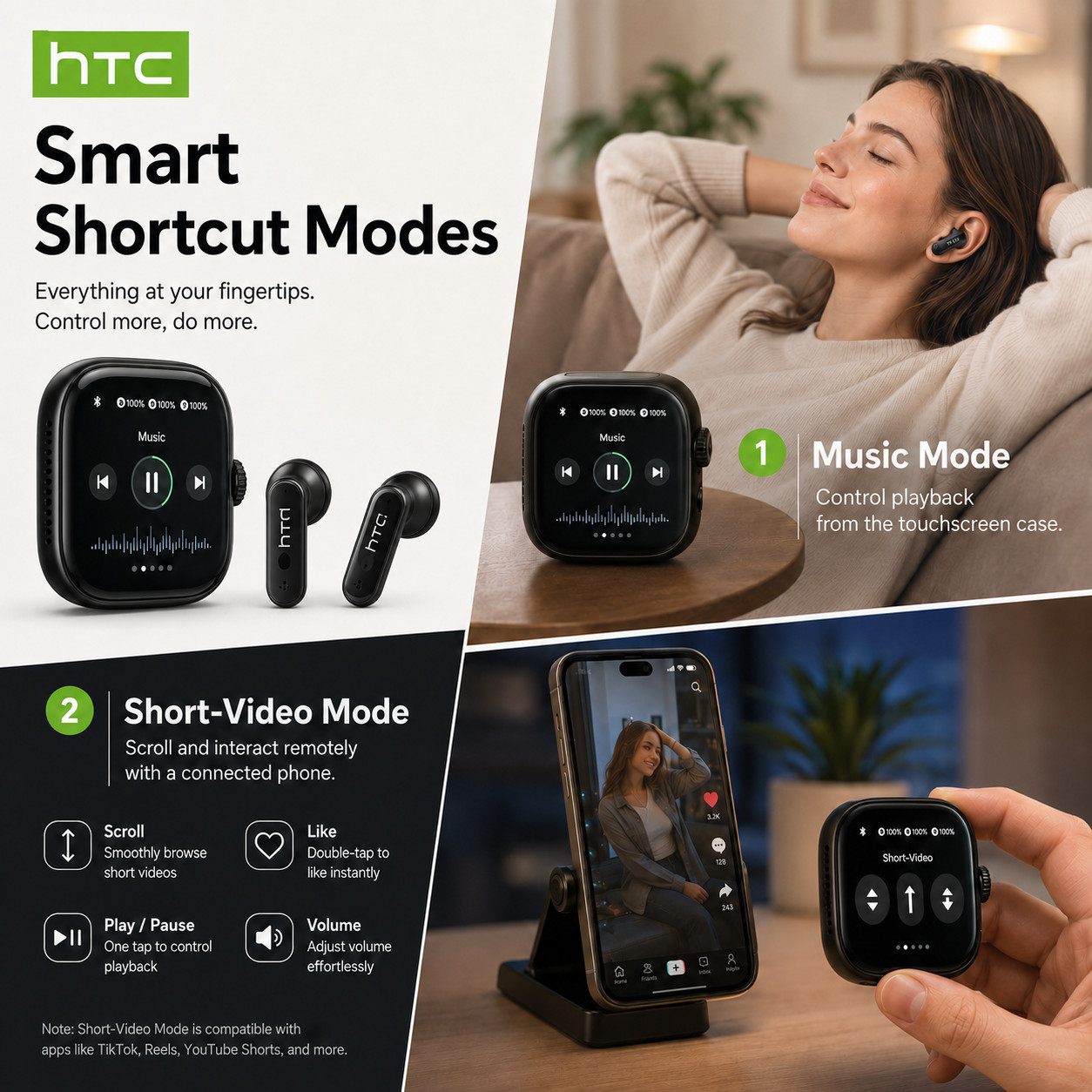 HTC NE72 Wireless Earbuds Touchscreen Speaker Case AI Translation Bluetooth 6.0