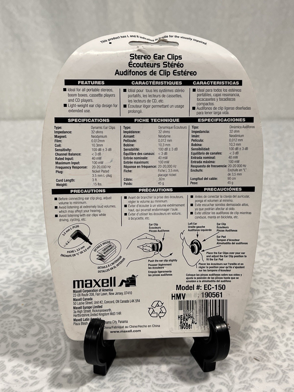 Maxell EC-150 Earclip Headphones Blue White Stereo 3.5mm 32ohms 3Ft Cord