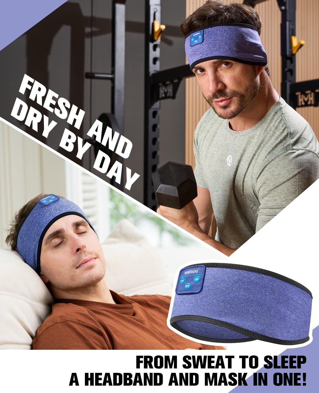Voerou Sleep Headphones, Bluetooth 5.4 Headband for Men Women, Light Blue