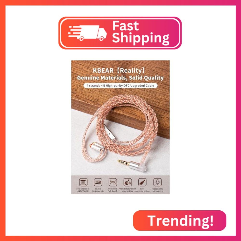 KBEAR 4-Core Pure Copper Recessed 2Pin IEM Cable with Mic, HiFi Wired Earbuds De