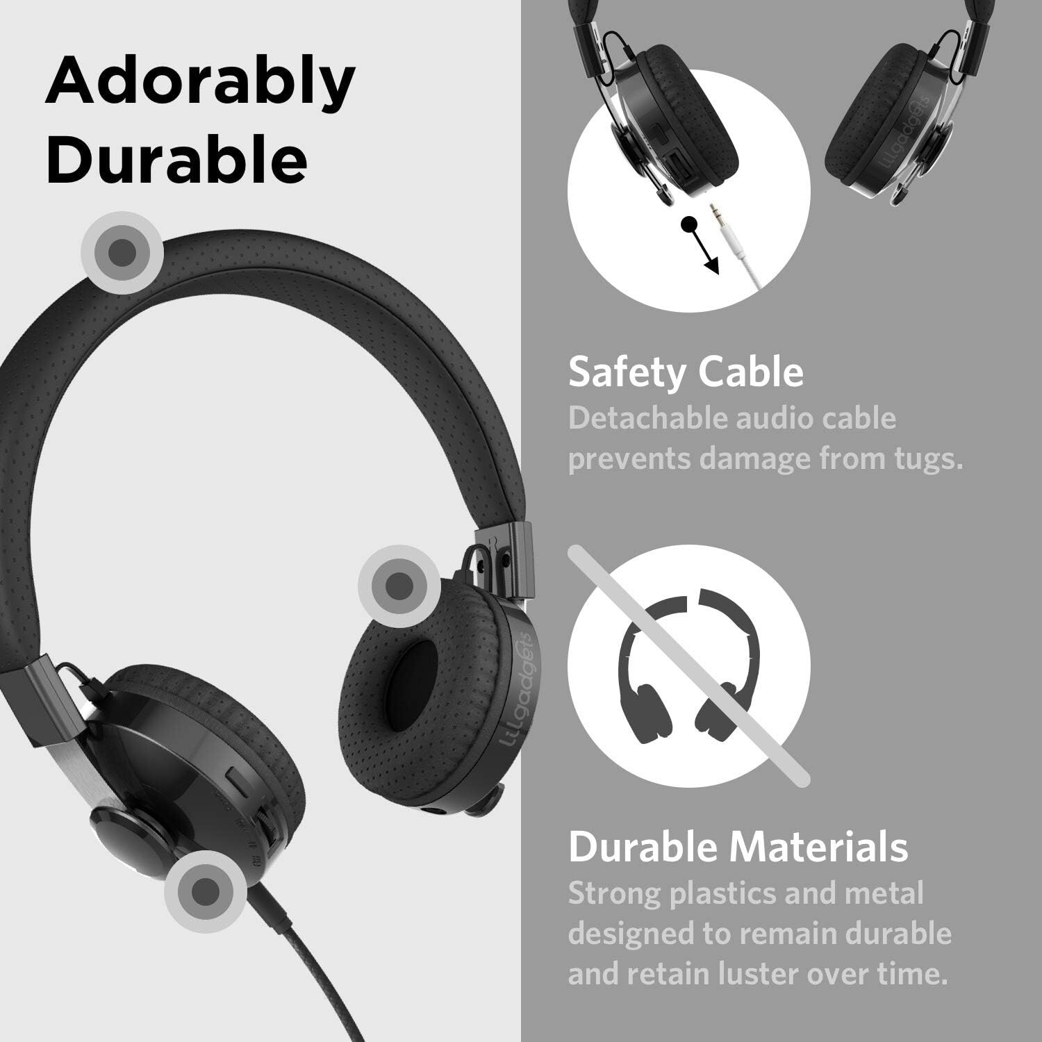 LilGadgets Untangled Pro Wireless Bluetooh Black, On-Ear Kids Headphones