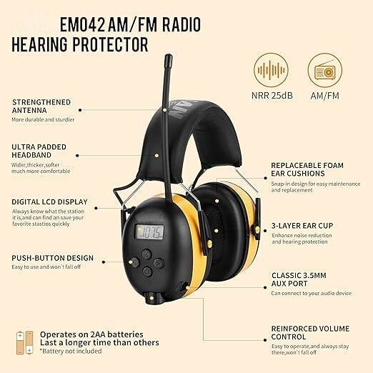 Auriculares de radio AM/FM con pantalla digital, protección auditiva reducción.