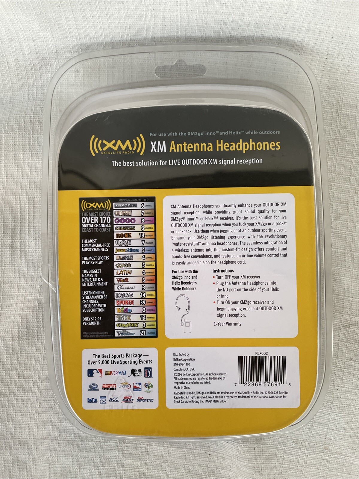 NOS Belkin F5X002 XM Satellite Radio Antenna Headphones XM2go & Helix NEW Sealed