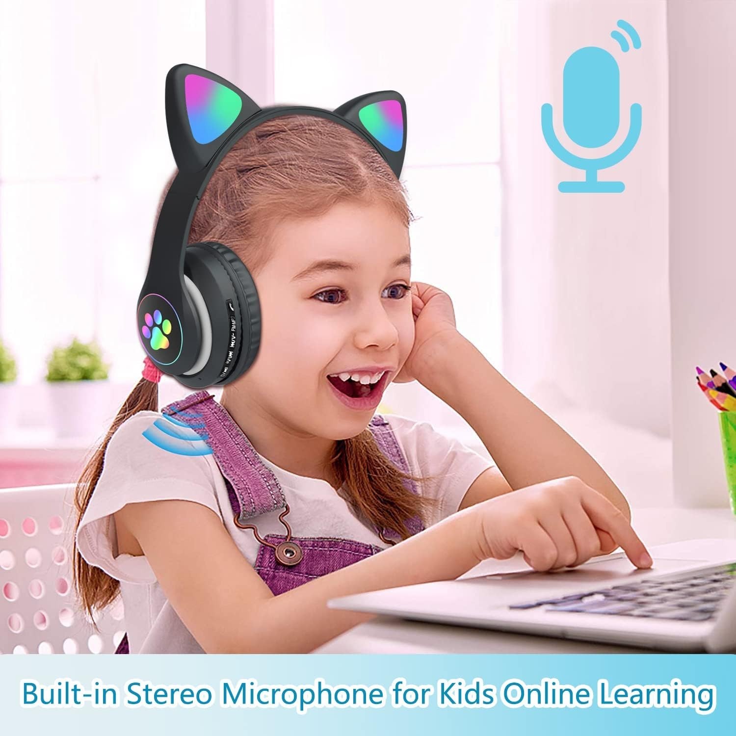 Kids Wireless Bluetooth Cat Ear Headphones LED Light Over Ear Headset