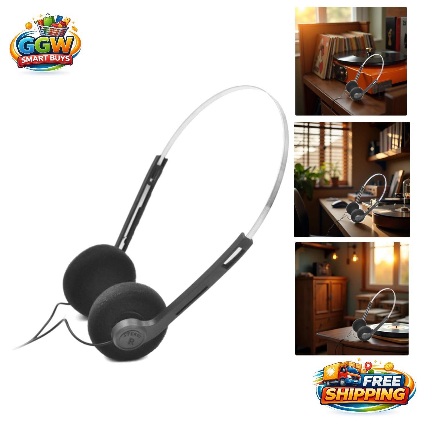 Vintage Black Over-Ear Headphones – Lightweight Design with Rich Stereo Sound